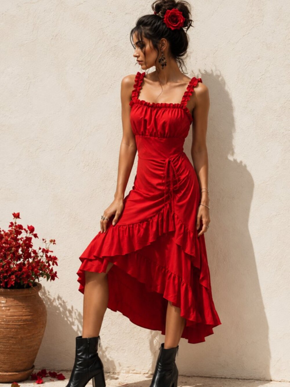 Red Ruffle Romantic Spanish-flamenco Inspired Dress
